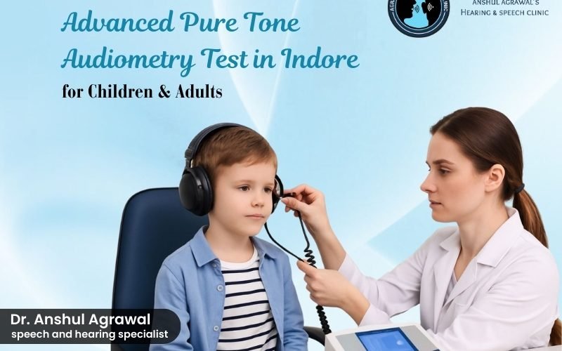 Advanced pure tone audiometry test in Indore for children and adults: Audiologist conducting PTA hearing exam on boy with headphones at Agrawal Speech & Hearing Clinic, South Tukoganj.