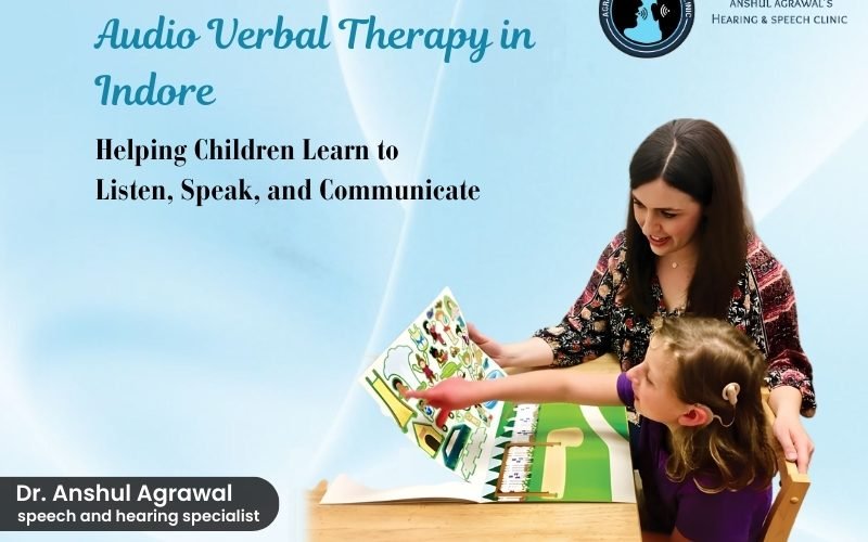 Audio verbal therapy session in Indore: Speech therapist helping child with cochlear implant learn to listen, speak, and communicate at Agrawal Speech & Hearing Clinic, South Tukoganj.