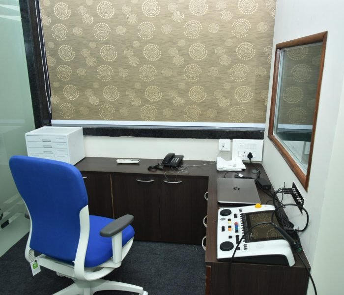 Audiology testing room with diagnostic equipment at Anshul Agrawal Hearing and Speech Clinic in Indore