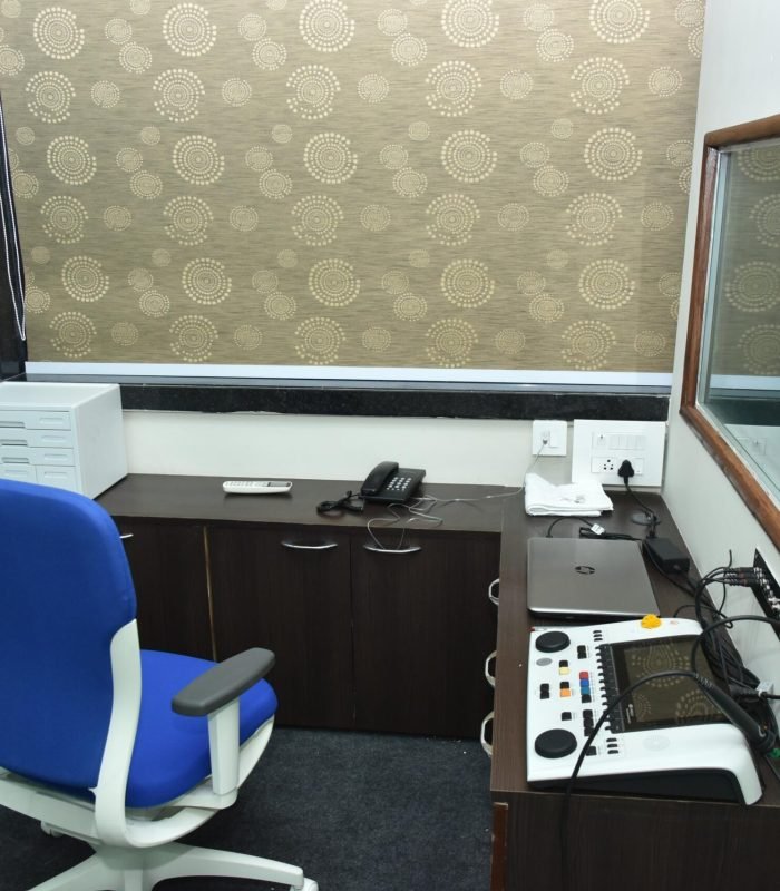 Audiology testing room with diagnostic equipment at Anshul Agrawal Hearing and Speech Clinic in Indore